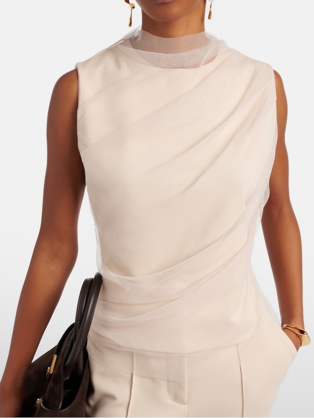 Cider Sheer-Draped Sleeveless Top in Soft Cream